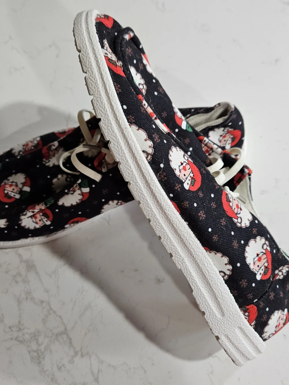 Women's Black Santa Print One-Piece Shoes - Holiday Slip-Ons Size 41